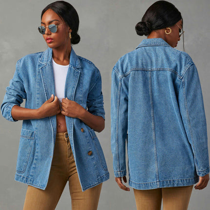 Womens Button Down Denim Jacket Long Sleeve Pocket Lapel Jean Blazer