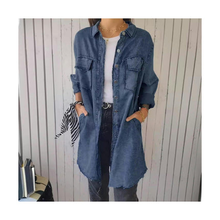 Women's Long Denim Jacket Button Down Raw Hem Shirts Jean Jackets