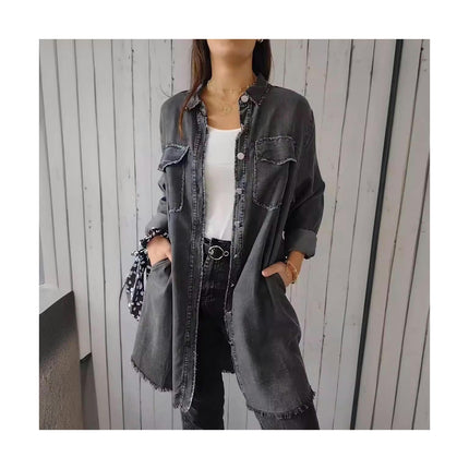 Women's Long Denim Jacket Button Down Raw Hem Shirts Jean Jackets