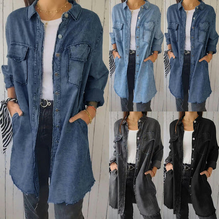 Women's Long Denim Jacket Button Down Raw Hem Shirts Jean Jackets