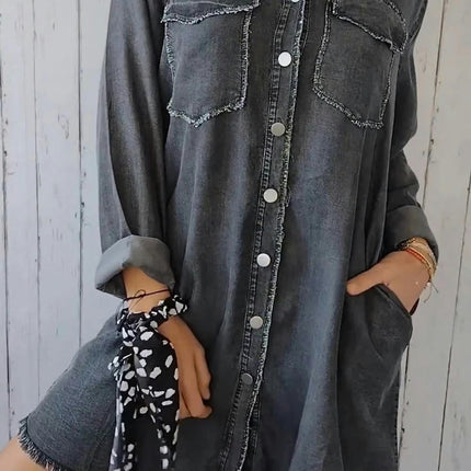 Women's Long Denim Jacket Button Down Raw Hem Shirts Jean Jackets