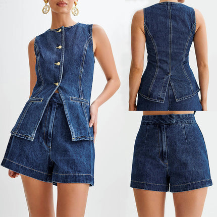 Womens Denim Vest 2 Piece Set Sleeveless Button Down Vest Tops High Waist Denim Shorts Vest Sets