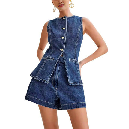 Womens Denim Vest 2 Piece Set Sleeveless Button Down Vest Tops High Waist Denim Shorts Vest Sets