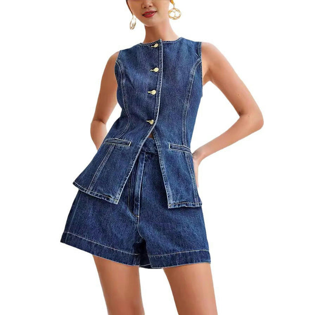 Womens Denim Vest 2 Piece Set Sleeveless Button Down Vest Tops High Waist Denim Shorts Vest Sets