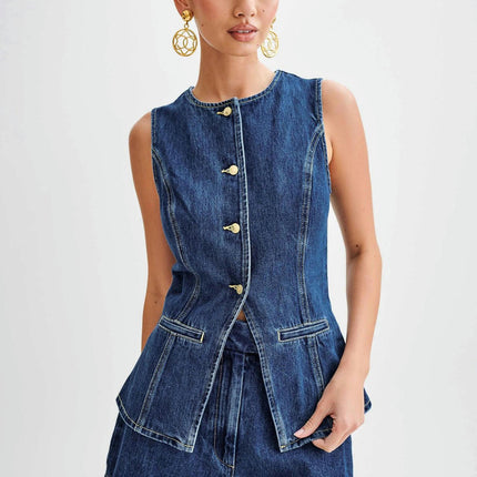 Womens Denim Vest 2 Piece Set Sleeveless Button Down Vest Tops High Waist Denim Shorts Vest Sets