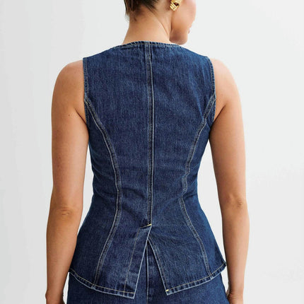 Womens Denim Vest 2 Piece Set Sleeveless Button Down Vest Tops High Waist Denim Shorts Vest Sets