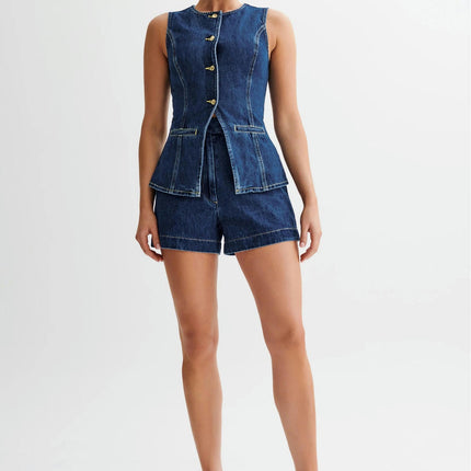 Womens Denim Vest 2 Piece Set Sleeveless Button Down Vest Tops High Waist Denim Shorts Vest Sets