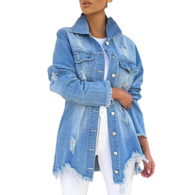 Women's Denim Jacket Casual Long Frayed Hem Distresse Jean Jacket