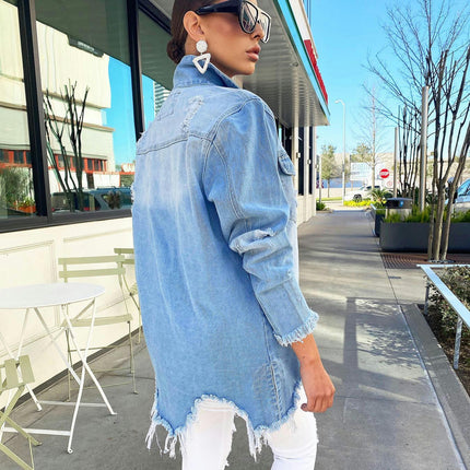 Women's Denim Jacket Casual Long Frayed Hem Distresse Jean Jacket