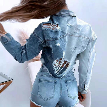 Women's Cropped Jean Jacket Button Down Long Sleeve Distresse Denim Jacket