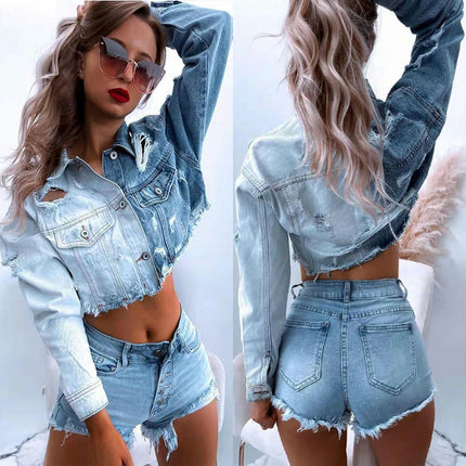 Women's Cropped Jean Jacket Button Down Long Sleeve Distresse Denim Jacket