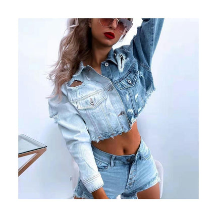 Women's Cropped Jean Jacket Button Down Long Sleeve Distresse Denim Jacket