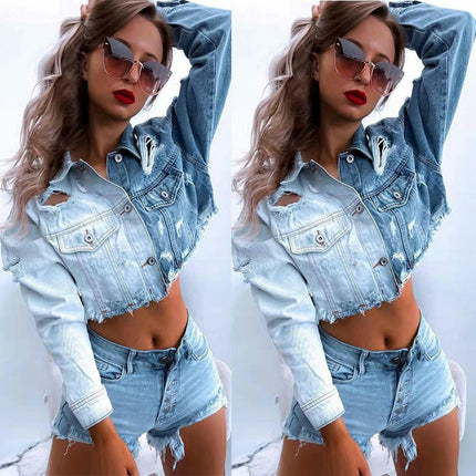 Women's Cropped Jean Jacket Button Down Long Sleeve Distresse Denim Jacket