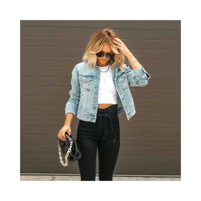 Ripped Denim Jackets for Women Button Down Cropped Long Sleeve Distressed Jean Jacke