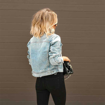 Ripped Denim Jackets for Women Button Down Cropped Long Sleeve Distressed Jean Jacke