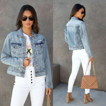 Womens Ripped Denim Jackets Long Sleeve Washed Crop Jean Jacket Coat