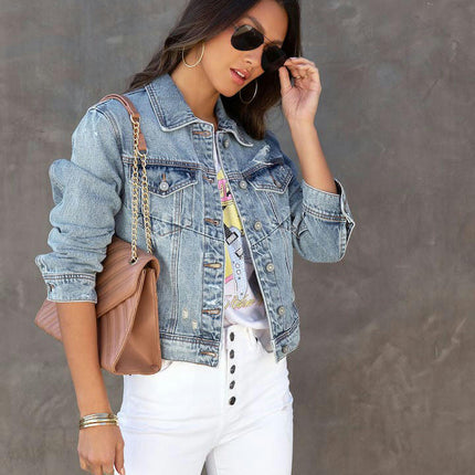 Womens Ripped Denim Jackets Long Sleeve Washed Crop Jean Jacket Coat