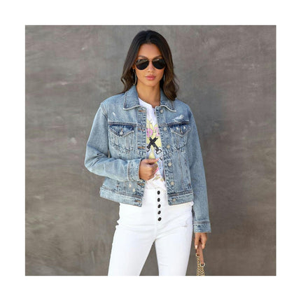 Womens Ripped Denim Jackets Long Sleeve Washed Crop Jean Jacket Coat