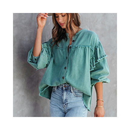 Women's Ruffle Lantern Long Sleeve Denim Blouse Jacket Button Down Baggy Jean Shirt Coat