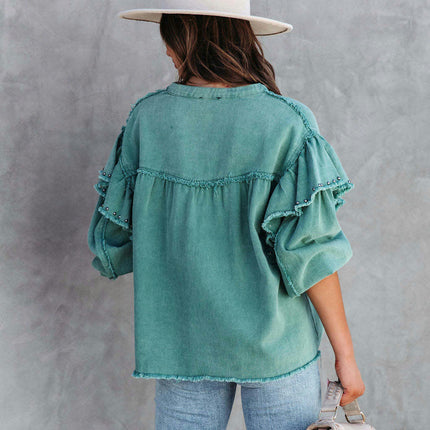 Women's Ruffle Lantern Long Sleeve Denim Blouse Jacket Button Down Baggy Jean Shirt Coat