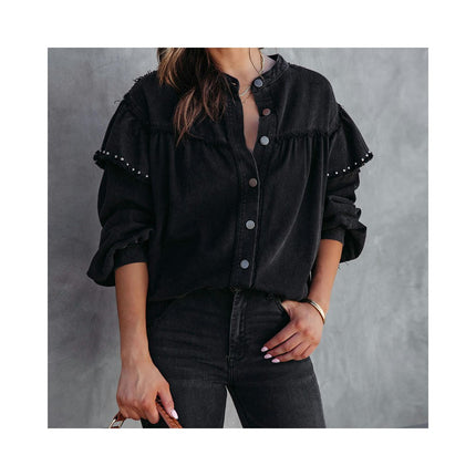 Women's Ruffle Lantern Long Sleeve Denim Blouse Jacket Button Down Baggy Jean Shirt Coat