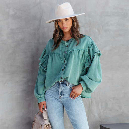 Women's Ruffle Lantern Long Sleeve Denim Blouse Jacket Button Down Baggy Jean Shirt Coat