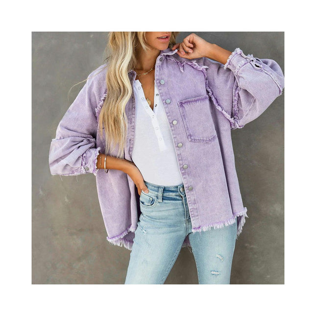 Women's Button Down Baggy Denim Shirt Jacket Long Sleeve Raw Hem Jean Jacket