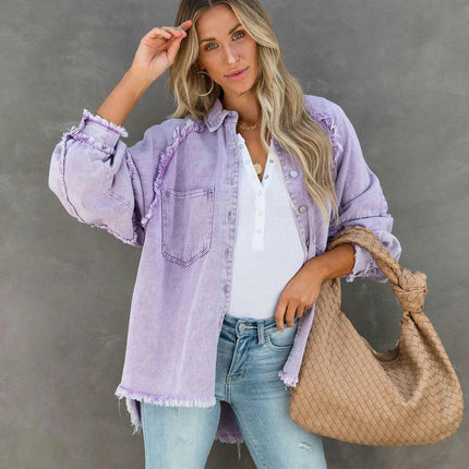 Women's Button Down Baggy Denim Shirt Jacket Long Sleeve Raw Hem Jean Jacket