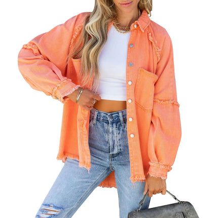 Women's Button Down Baggy Denim Shirt Jacket Long Sleeve Raw Hem Jean Jacket