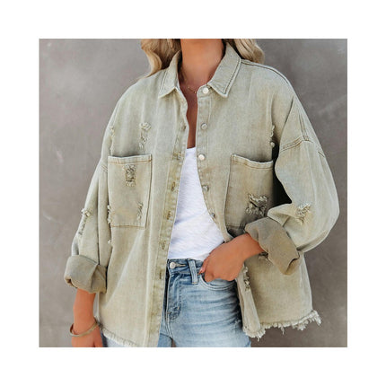 Women's Ripped Button Down Denim Shirt Jacket Long Sleeve Raw Hem Jean Jacket