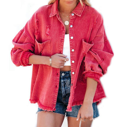 Women's Ripped Button Down Denim Shirt Jacket Long Sleeve Raw Hem Jean Jacket