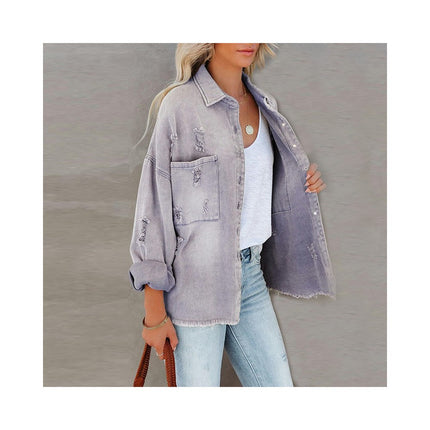 Women's Ripped Button Down Denim Shirt Jacket Long Sleeve Raw Hem Jean Jacket