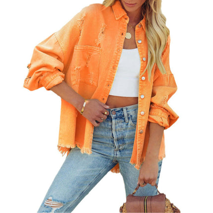 Women's Ripped Button Down Denim Shirt Jacket Long Sleeve Raw Hem Jean Jacket