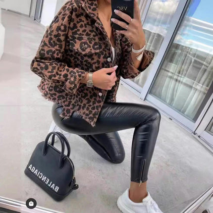 Denim Jacket for Women Leopard Print Retro Button-up Jean Jacket