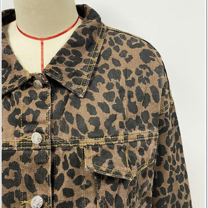 Denim Jacket for Women Leopard Print Retro Button-up Jean Jacket