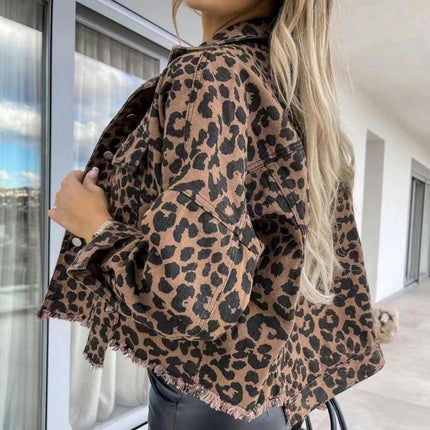 Denim Jacket for Women Leopard Print Retro Button-up Jean Jacket