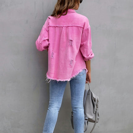 Women's Ripped Denim Shirt Jacket Long Sleeve Raw Hem Jean Jacket