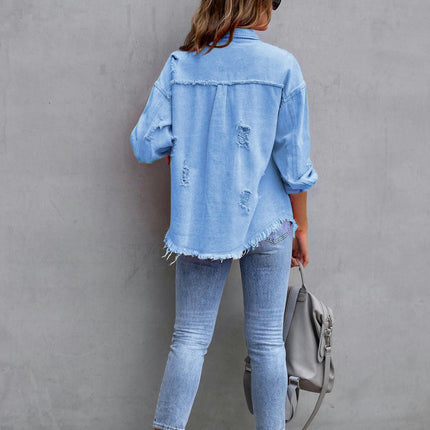 Women's Ripped Denim Shirt Jacket Long Sleeve Raw Hem Jean Jacket