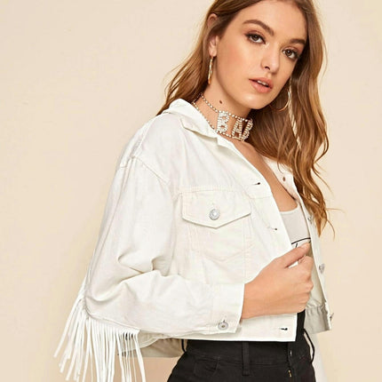 Women's Chic Button Down Tassel Fringe Denim Jean Cropped Jacket