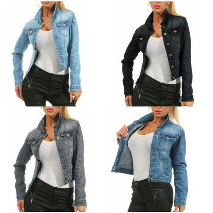 Women's Denim Jacket Button Down Long Sleeve Cropped Jean Jacket