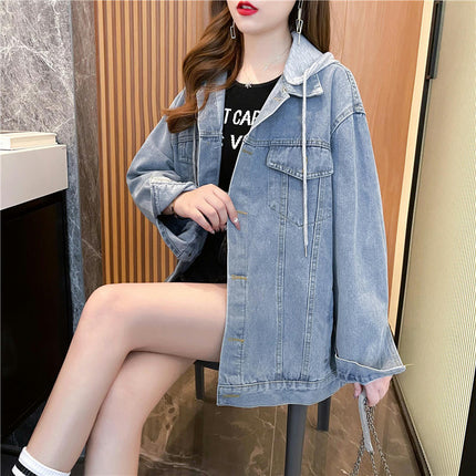 Women's denim jacket with hood Long Sleeve Casual jean jackets