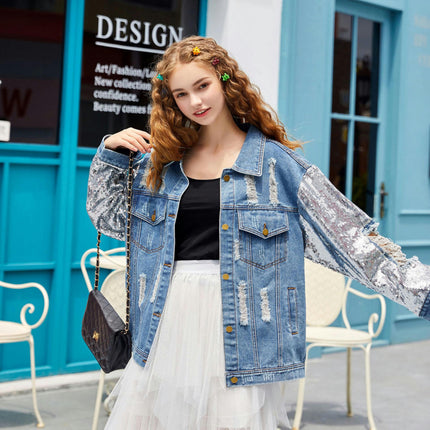 Women's Glitter Sequined Sleeve Ripped Hole Destroyed Denim Jean Jacket