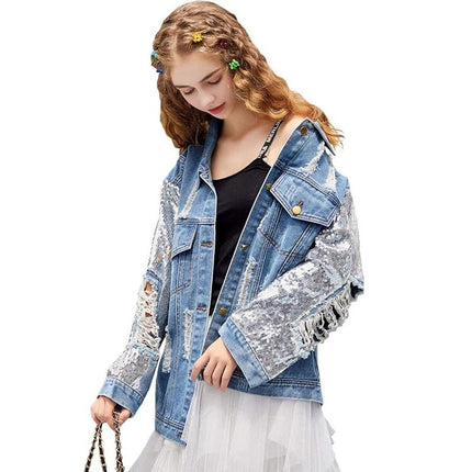 Women's Glitter Sequined Sleeve Ripped Hole Destroyed Denim Jean Jacket