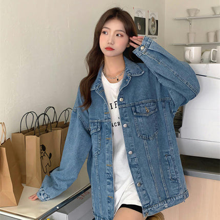 Women's Oversized Denim Jacket Button Up Long Sleeve Jean Jacket with Pockets