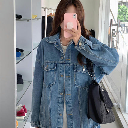 Women's Oversized Denim Jacket Button Up Long Sleeve Jean Jacket with Pockets