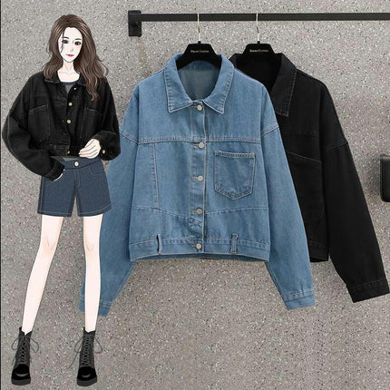 Women's Casual Button Down Denim Jacket Long Sleeves Cropped Jean Jacket