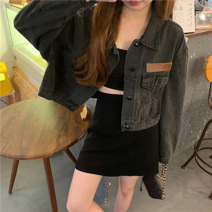 Women's Crop Denim Jacket Long Sleeve Button Down Jean Jackets