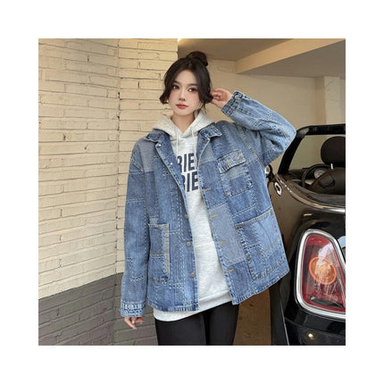 Womens Oversized Jean Jacket Casual Button Up Long Sleeve Trendy Denim Jacket