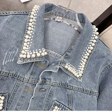 Women's Casual Beading Pearls Denim Jacket Long Sleeves Denim Jean Jacket