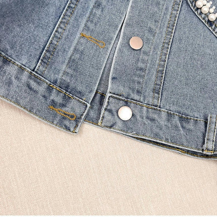 Women's Casual Beading Pearls Denim Jacket Long Sleeves Denim Jean Jacket